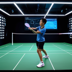 **Elite Training & Science Fusion**: "A badminton player in a high-tech training facility, surrounded by holographic displays showing biometric data and movement analysis, with AI interfaces projecting real-time performance metrics. Emphasize the blend of athletic effort and advanced sports science. Dynamic, futuristic lighting. Ultra-detailed, realistic."