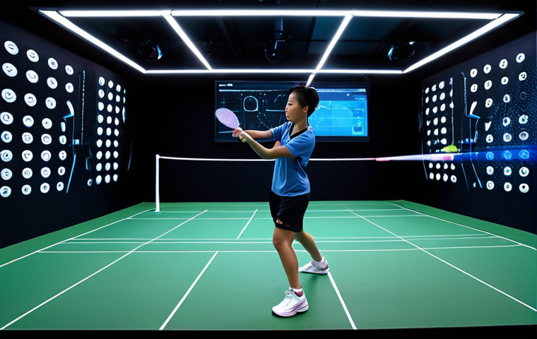 **Elite Training & Science Fusion**: "A badminton player in a high-tech training facility, surrounded by holographic displays showing biometric data and movement analysis, with AI interfaces projecting real-time performance metrics. Emphasize the blend of athletic effort and advanced sports science. Dynamic, futuristic lighting. Ultra-detailed, realistic."