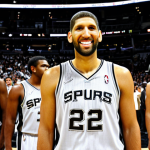 Humble Leader**

"A professional photograph of Tim Duncan in his San Antonio Spurs jersey, standing on the court, surrounded by his teammates. He is smiling modestly, not prominently featured, but clearly part of a cohesive team. The background shows a cheering crowd in a basketball arena in San Antonio, Texas. Focus on the concepts of teamwork, humility and leadership. Safe for work, appropriate content, fully clothed, professional, modest, family-friendly, perfect anatomy, correct proportions, natural pose, well-formed hands, proper finger count, natural body proportions."

**