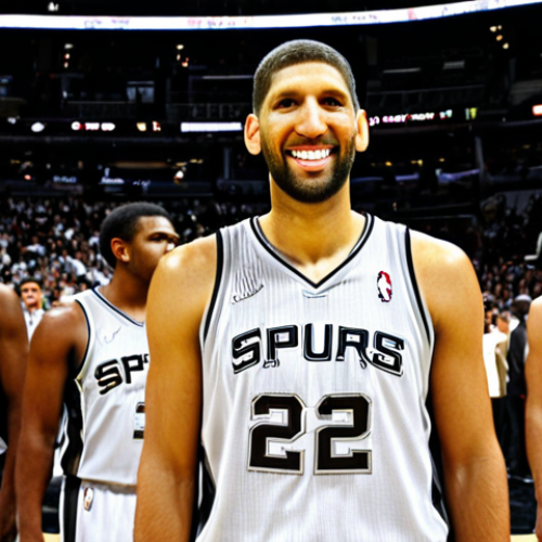 Home 22 Humble Leader**
"A professional photograph of Tim Duncan in his San Antonio Spurs jersey, standing on the court, surrounded by his teammates. He is smiling modestly, not prominently featured, but clearly part of a cohesive team. The background shows a cheering crowd in a basketball arena in San Antonio, Texas. Focus on the concepts of teamwork, humility and leadership. Safe for work, appropriate content, fully clothed, professional, modest, family-friendly, perfect anatomy, correct proportions, natural pose, well-formed hands, proper finger count, natural body proportions."
**