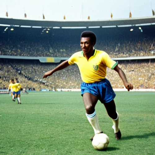 Home 12 **Prompt:** "A vintage photograph capturing Pelé's electrifying debut at the 1958 World Cup in Sweden. He's in action, fully clothed in the classic Brazil yellow jersey, demonstrating his signature dribbling skill. The background features a packed stadium with enthusiastic fans. Safe for work, appropriate content, perfect anatomy, correct proportions, professional soccer player, modest uniform, natural pose, high quality."