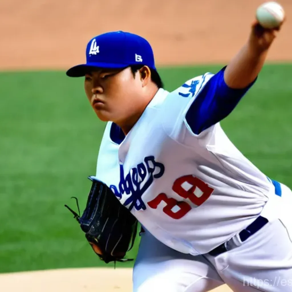 류현진 MLB 데뷔 스토리 - **Prompt:** A dynamic, wide shot of Ryu Hyun-jin, a left-handed pitcher, on the mound at Dodger Stad...