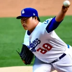 류현진 MLB 데뷔 스토리 - **Prompt:** A dynamic, wide shot of Ryu Hyun-jin, a left-handed pitcher, on the mound at Dodger Stad...