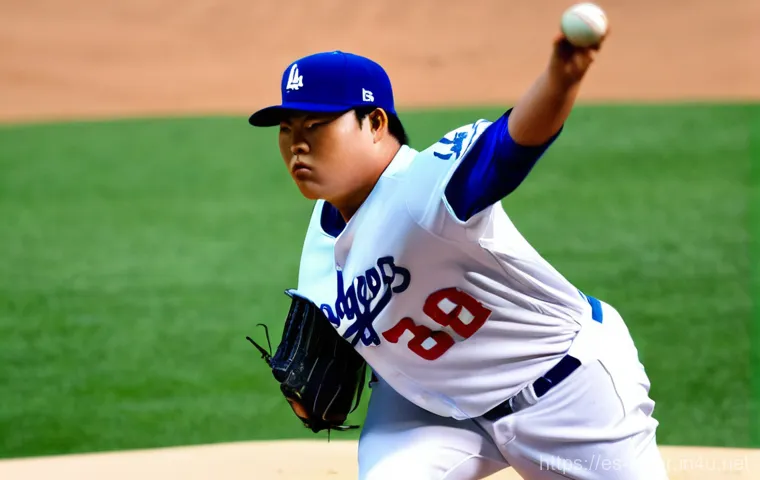 류현진 MLB 데뷔 스토리 - **Prompt:** A dynamic, wide shot of Ryu Hyun-jin, a left-handed pitcher, on the mound at Dodger Stad...