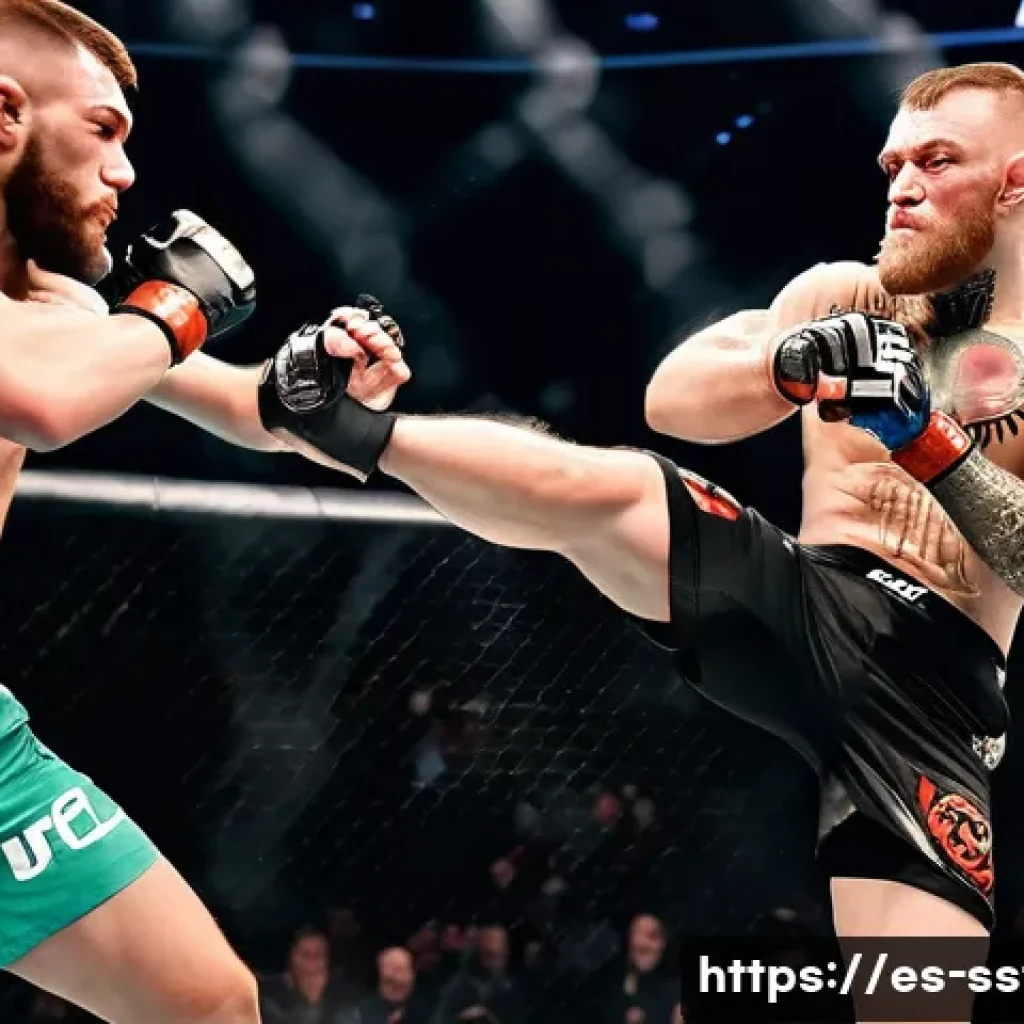 콘 오코너 UFC 챔피언십 경기 - A dynamic scene inside a UFC octagon showing a skilled mixed martial artist inspired by Conor McGreg...
