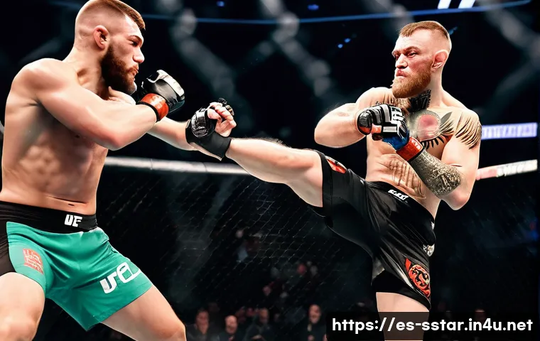 콘 오코너 UFC 챔피언십 경기 - A dynamic scene inside a UFC octagon showing a skilled mixed martial artist inspired by Conor McGreg...