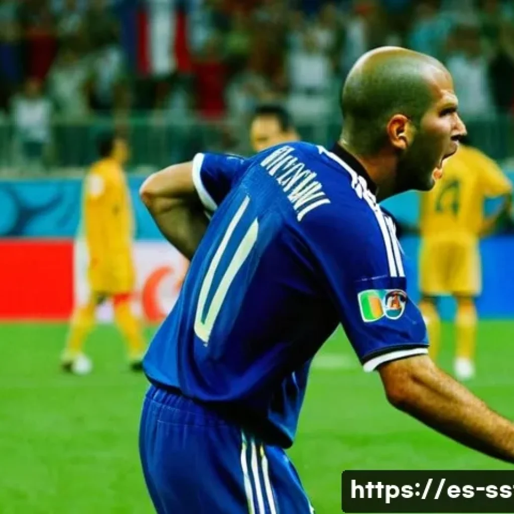 지단의 헤드버트 사건 - A dramatic soccer stadium scene during the 2006 World Cup final between France and Italy, capturing ...