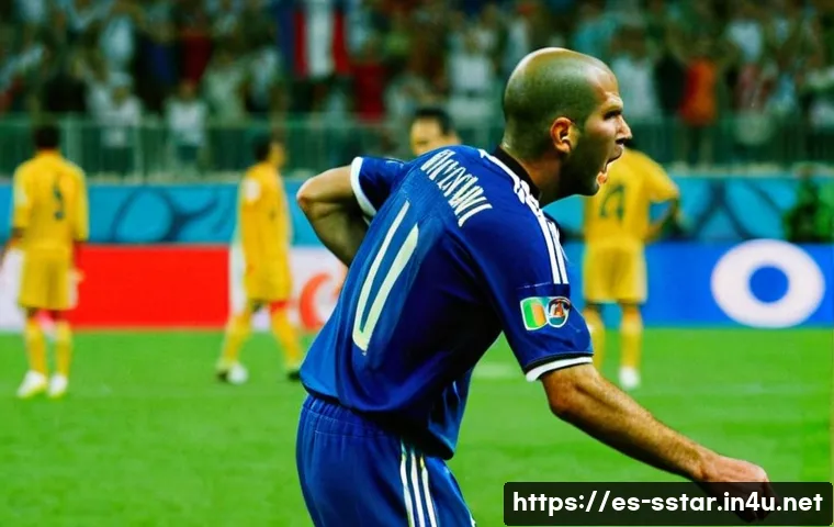 지단의 헤드버트 사건 - A dramatic soccer stadium scene during the 2006 World Cup final between France and Italy, capturing ...