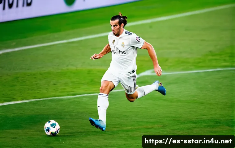 가레스 베일의 레알 마드리드 골 모음 - A dynamic action shot of a professional male soccer player resembling Gareth Bale sprinting down a l...