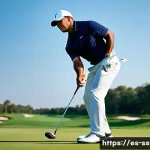 타이거 우즈 골프 스윙 분석 - A professional male golfer in his mid-30s, dressed in a modern golf outfit with a collared polo shir...
