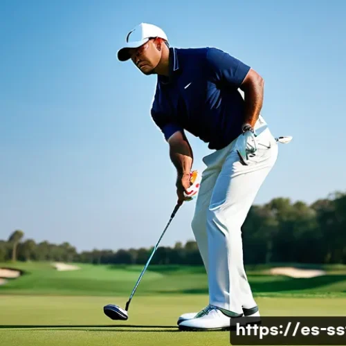 타이거 우즈 골프 스윙 분석 - A professional male golfer in his mid-30s, dressed in a modern golf outfit with a collared polo shir...