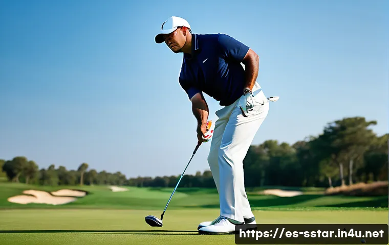 타이거 우즈 골프 스윙 분석 - A professional male golfer in his mid-30s, dressed in a modern golf outfit with a collared polo shir...