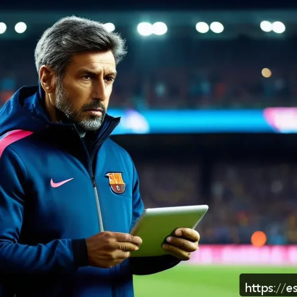 사비 에르난데스 감독 커리어 - A dynamic soccer coach on the sideline of a modern stadium during a high-stakes match, wearing a sha...