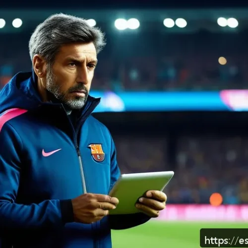 사비 에르난데스 감독 커리어 - A dynamic soccer coach on the sideline of a modern stadium during a high-stakes match, wearing a sha...