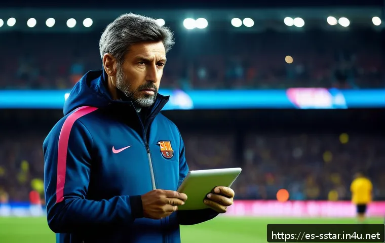 사비 에르난데스 감독 커리어 - A dynamic soccer coach on the sideline of a modern stadium during a high-stakes match, wearing a sha...