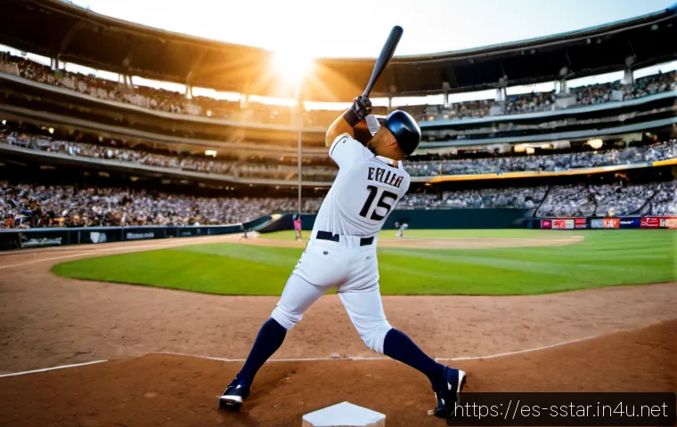 Home 17 애런 저지의 홈런 비거리 분석 - Photorealistic professional baseball slugger in a clean white-and-navy uniform with no logos, captur...